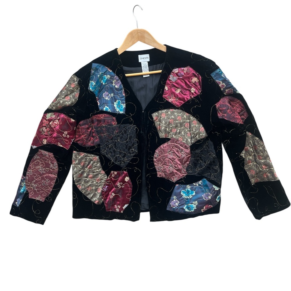 CHICO’S Silk Blend Velvet Patchwork Mixed Media Boho Jacket Size 1 Medium